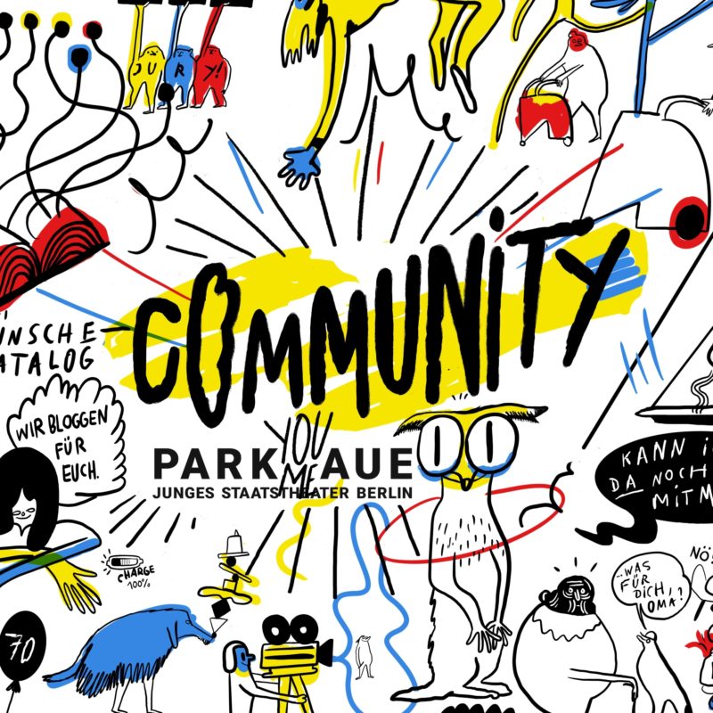 Ausschnitt aus einer Comiczeichnung. Man sieht verschiedene Symbole für das Community Programm. In der mitte ist das Parkaue-Community-Logo. Die zeichnungen sind schwarz auf weißem Hintergrund, es gibt rote, blaue und gelbe Farbflecken.