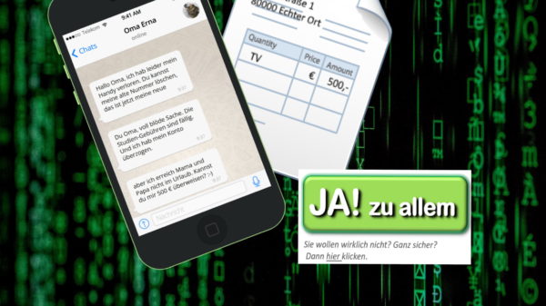 Smartphone mit WhatsApp Betrug auf dem display, eine Rechnung und ein Cookies-Knopf