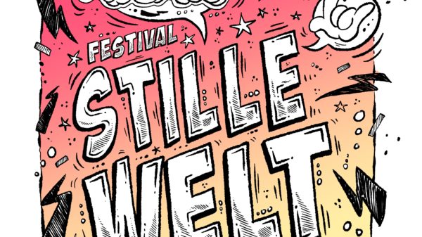 Comic-Grafik: auf einem rot-gelbem Untergrund ist der Schriftzug "Festival Stille Welt"; Weitere Zeichen in Fingeralphabet