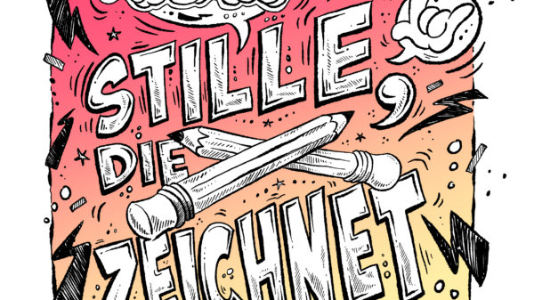 Comic-Grafik: Comic-Schriftzug "Stille, die zeichnet" auf rot-gelbem Hintergrund; Wort in Fingeralphabet; zwei Zeichenstifte in der Mitte